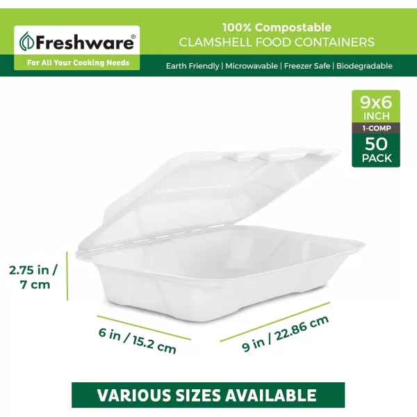 imageFreshware Compostable Clamshell Food Containers 9x6quot 250Pack Disposable To Go Containers Biodegradable Sugarcane To Go Boxes  Heavy Duty Paper Containers  Microwave ampamp Freezer Safe Stackable9 x 6 Inch  50Pack