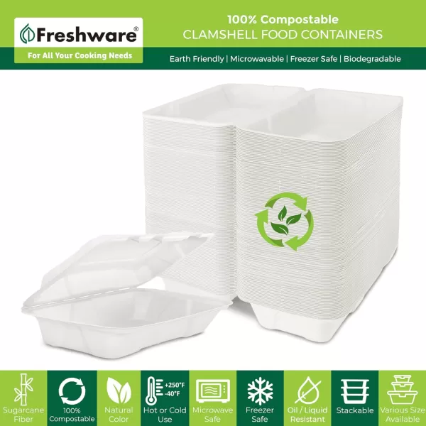 imageFreshware Compostable Clamshell Food Containers 9x6quot 250Pack Disposable To Go Containers Biodegradable Sugarcane To Go Boxes  Heavy Duty Paper Containers  Microwave ampamp Freezer Safe Stackable9 x 6 Inch  50Pack