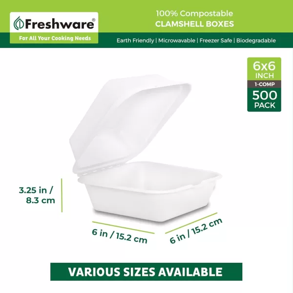 imageFreshware Compostable Clamshell Food Containers 9x6quot 250Pack Disposable To Go Containers Biodegradable Sugarcane To Go Boxes  Heavy Duty Paper Containers  Microwave ampamp Freezer Safe Stackable6 x 6 Inch  500Pack