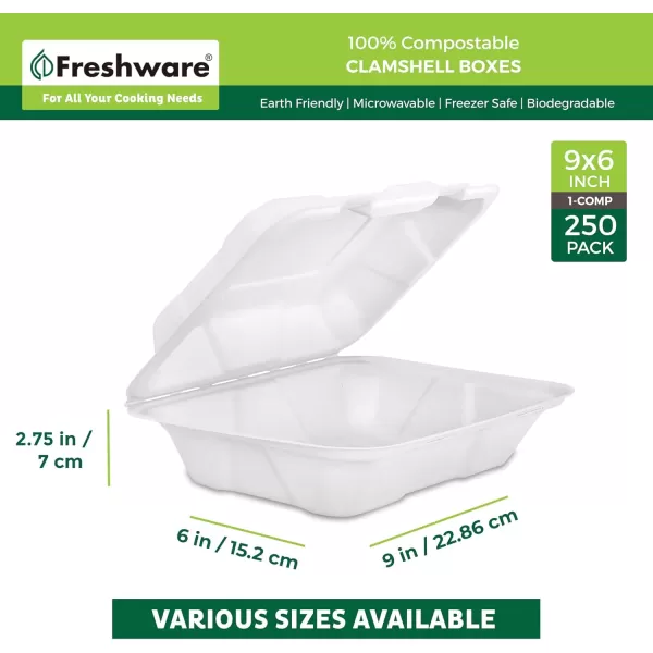 imageFreshware Compostable Clamshell Food Containers 9x6quot 250Pack Disposable To Go Containers Biodegradable Sugarcane To Go Boxes  Heavy Duty Paper Containers  Microwave ampamp Freezer Safe Stackable9 x 6 Inch  250Pack