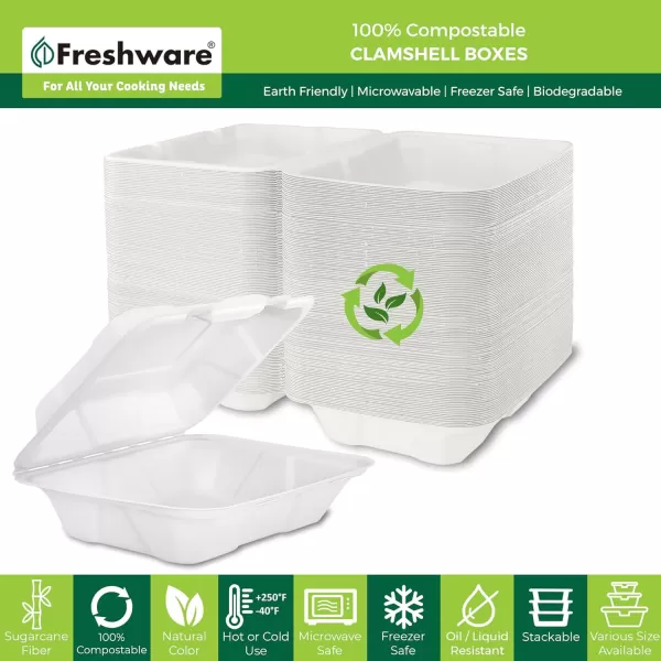 imageFreshware Compostable Clamshell Food Containers 9x6quot 250Pack Disposable To Go Containers Biodegradable Sugarcane To Go Boxes  Heavy Duty Paper Containers  Microwave ampamp Freezer Safe Stackable9 x 6 Inch  250Pack