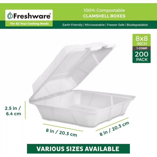 imageFreshware Compostable Clamshell Food Containers 9x6quot 250Pack Disposable To Go Containers Biodegradable Sugarcane To Go Boxes  Heavy Duty Paper Containers  Microwave ampamp Freezer Safe Stackable8 x 8 Inch  200Pack