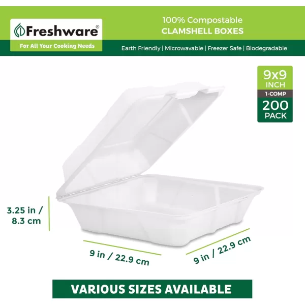 imageFreshware Compostable Clamshell Food Containers 9x6quot 250Pack Disposable To Go Containers Biodegradable Sugarcane To Go Boxes  Heavy Duty Paper Containers  Microwave ampamp Freezer Safe Stackable9 x 9 Inch  200Pack