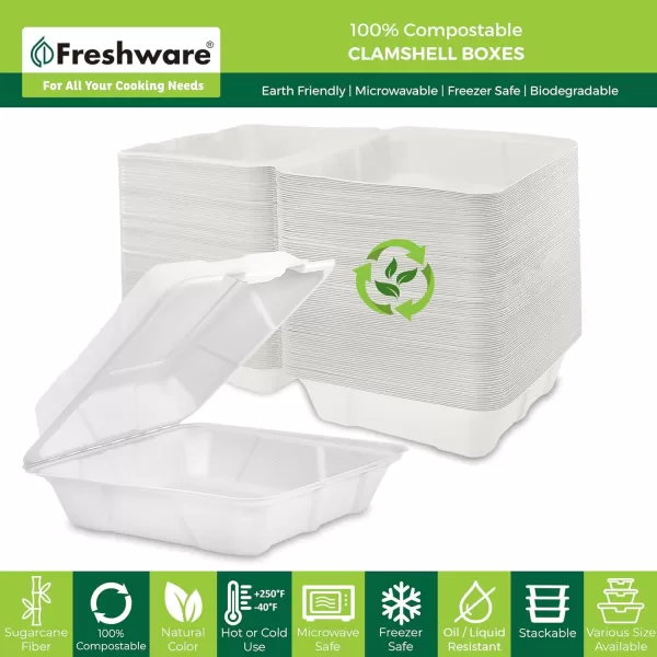 imageFreshware Compostable Clamshell Food Containers 9x6quot 250Pack Disposable To Go Containers Biodegradable Sugarcane To Go Boxes  Heavy Duty Paper Containers  Microwave ampamp Freezer Safe Stackable9 x 9 Inch  50Pack