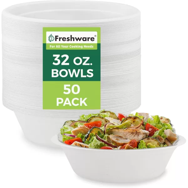 imageFreshware Paper Bowls  Disposable 32 oz Soup Bowl 50Pack Biodegradable Sugarcane Fiber Serving Bowls  Heavy Duty Bagasse for Hot Food Plates  Microwave ampamp Freezer Safe Stackable DinnerwareWhite