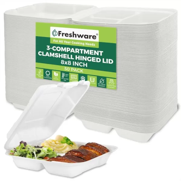 imageFreshware Clamshell Containers 8 x 8 Inch 3Compartment 200Pack White8 x 8 Inch  3Compartment  50 Pack