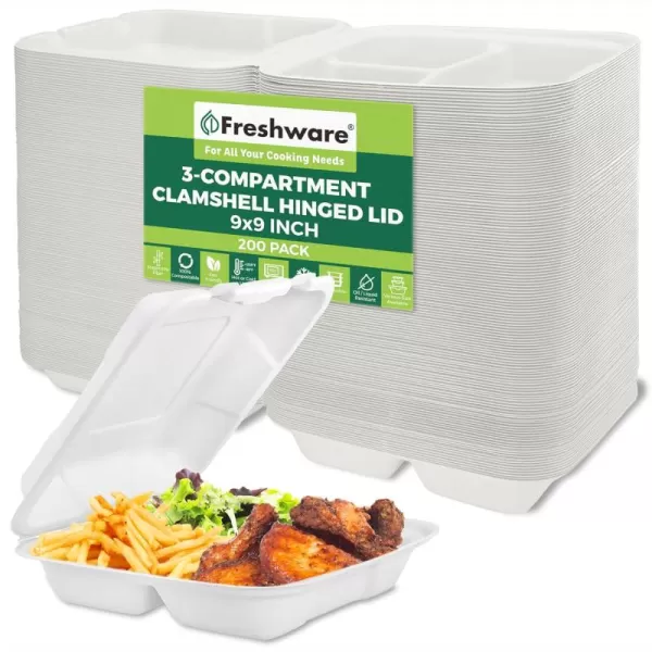 imageFreshware Clamshell Containers 8 x 8 Inch 3Compartment 200Pack White9 x 9 Inch  3Compartment  200Pack