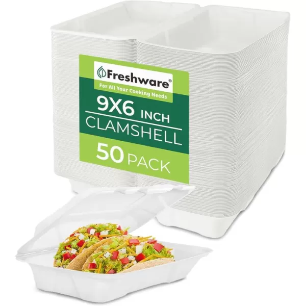 imageFreshware Compostable Clamshell Food Containers 9x6quot 250Pack Disposable To Go Containers Biodegradable Sugarcane To Go Boxes  Heavy Duty Paper Containers  Microwave ampamp Freezer Safe Stackable9 x 6 Inch  50Pack