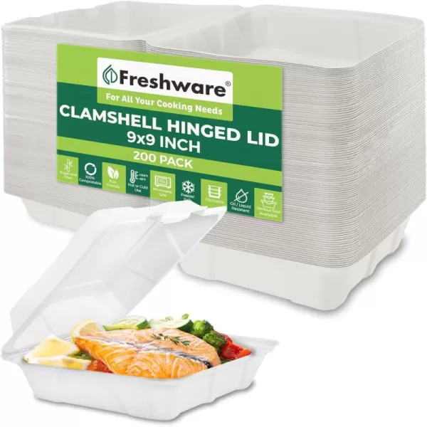 imageFreshware Compostable Clamshell Food Containers 9x6quot 250Pack Disposable To Go Containers Biodegradable Sugarcane To Go Boxes  Heavy Duty Paper Containers  Microwave ampamp Freezer Safe Stackable9 x 9 Inch  200Pack