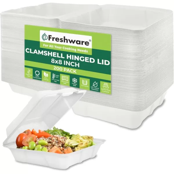 imageFreshware Compostable Clamshell Food Containers 9x6quot 250Pack Disposable To Go Containers Biodegradable Sugarcane To Go Boxes  Heavy Duty Paper Containers  Microwave ampamp Freezer Safe Stackable8 x 8 Inch  200Pack