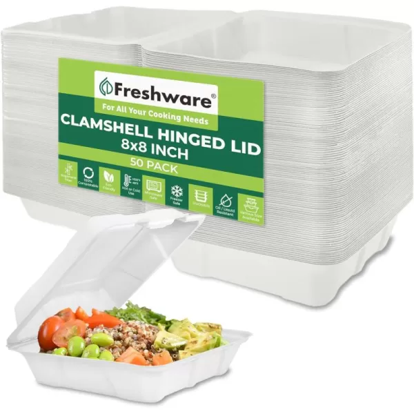 imageFreshware Compostable Clamshell Food Containers 9x6quot 250Pack Disposable To Go Containers Biodegradable Sugarcane To Go Boxes  Heavy Duty Paper Containers  Microwave ampamp Freezer Safe Stackable8 x 8 Inch  50Pack