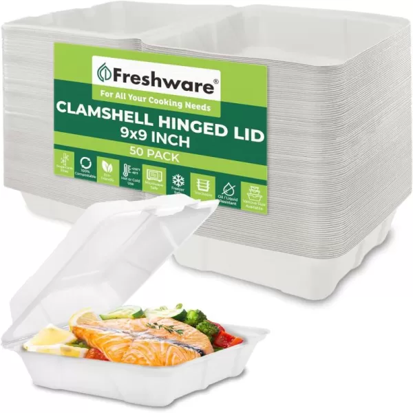 imageFreshware Compostable Clamshell Food Containers 9x6quot 250Pack Disposable To Go Containers Biodegradable Sugarcane To Go Boxes  Heavy Duty Paper Containers  Microwave ampamp Freezer Safe Stackable9 x 9 Inch  50Pack