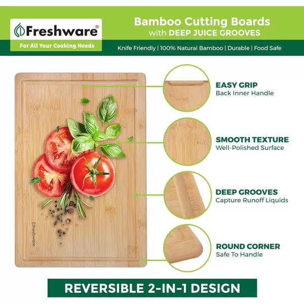 imageBamboo Cutting Boards for Kitchen with Juice Groove ExtraLarge Wood Cutting Board for Chopping Meat Vegetables Fruits Cheese Knife Friendly Serving Tray with Handles 18 x 125inch24L x 18W