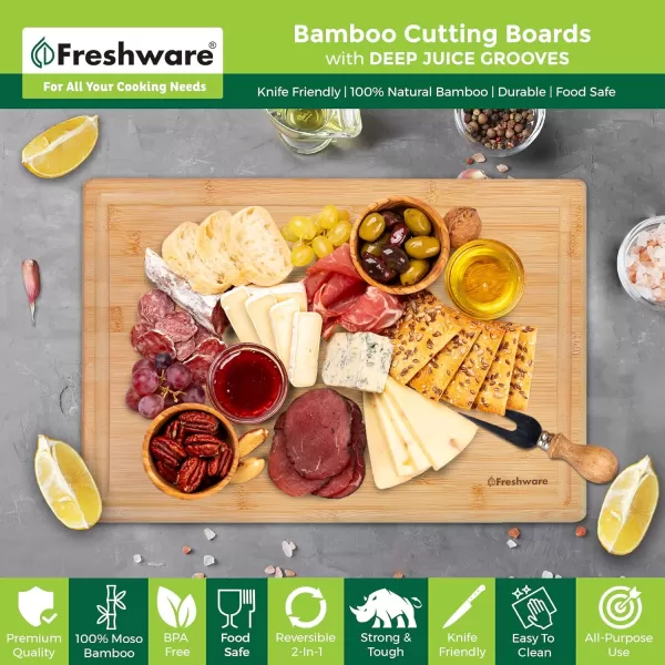 imageBamboo Cutting Boards for Kitchen with Juice Groove ExtraLarge Wood Cutting Board for Chopping Meat Vegetables Fruits Cheese Knife Friendly Serving Tray with Handles 18 x 125inch18L x 1W