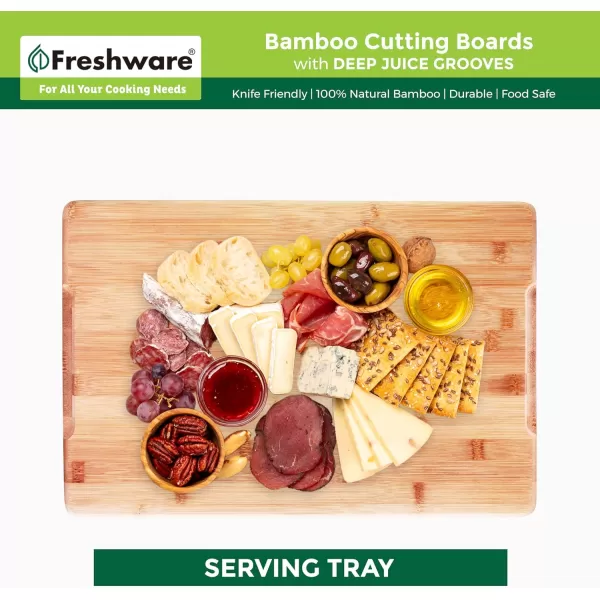 imageBamboo Cutting Boards for Kitchen with Juice Groove ExtraLarge Wood Cutting Board for Chopping Meat Vegetables Fruits Cheese Knife Friendly Serving Tray with Handles 18 x 125inchLarge Set of 3