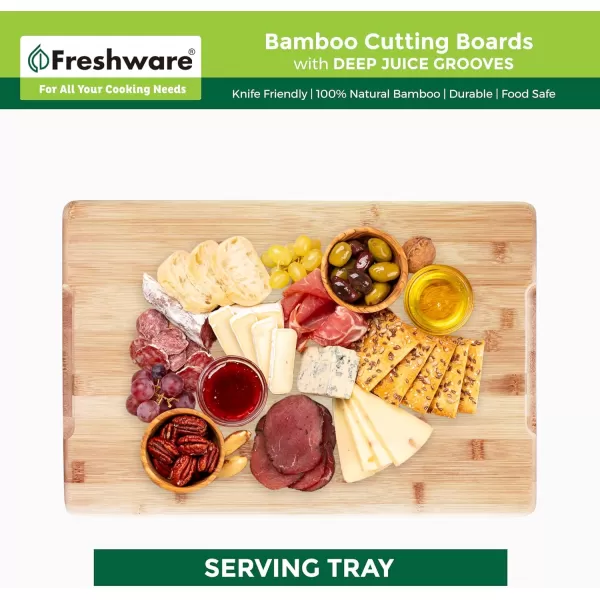 imageBamboo Cutting Boards for Kitchen with Juice Groove ExtraLarge Wood Cutting Board for Chopping Meat Vegetables Fruits Cheese Knife Friendly Serving Tray with Handles 18 x 125inch24L x 18W