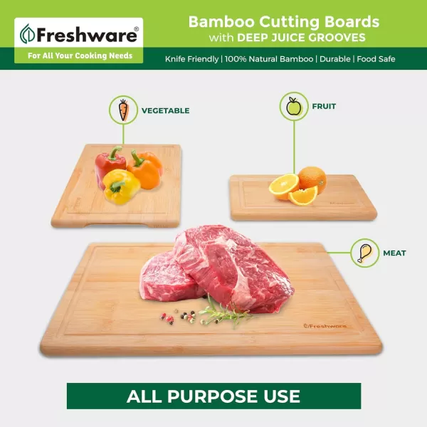 imageBamboo Cutting Boards for Kitchen with Juice Groove ExtraLarge Wood Cutting Board for Chopping Meat Vegetables Fruits Cheese Knife Friendly Serving Tray with Handles 18 x 125inchLarge Set of 3