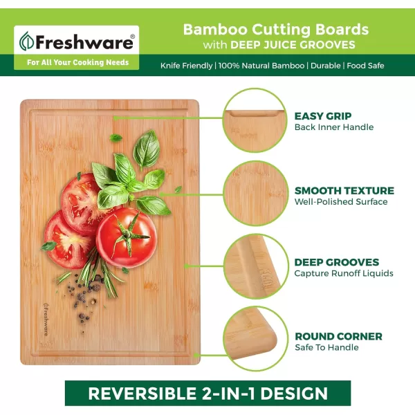 imageBamboo Cutting Boards for Kitchen with Juice Groove ExtraLarge Wood Cutting Board for Chopping Meat Vegetables Fruits Cheese Knife Friendly Serving Tray with Handles 18 x 125inchLarge Set of 3