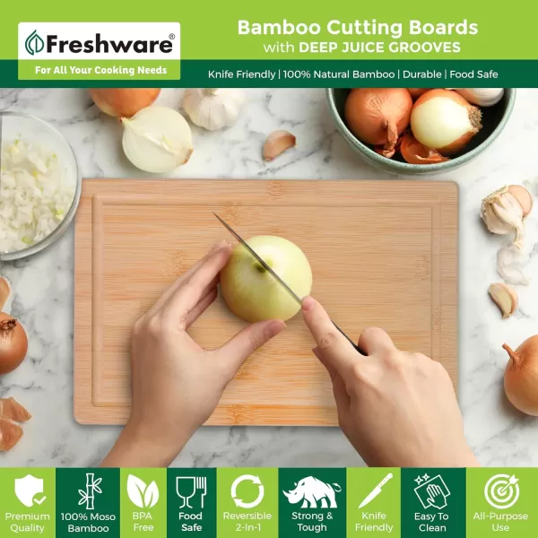 imageBamboo Cutting Boards for Kitchen with Juice Groove ExtraLarge Wood Cutting Board for Chopping Meat Vegetables Fruits Cheese Knife Friendly Serving Tray with Handles 18 x 125inchLarge Set of 3