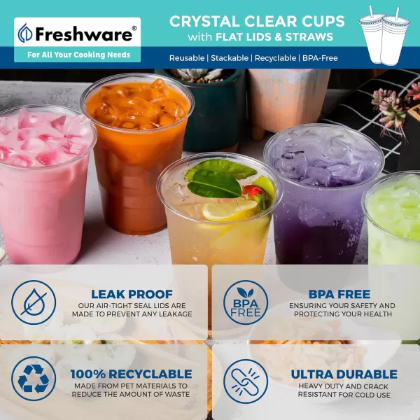 imageFreshware 12 oz Clear Disposable Plastic Cups with Flat Lids and Straws 100 Pack Clear Plastic Cups Tumblers Heavyduty Party Glasses Disposable Cups for Thanksgiving Halloween Christmas Party24 oz 100PK