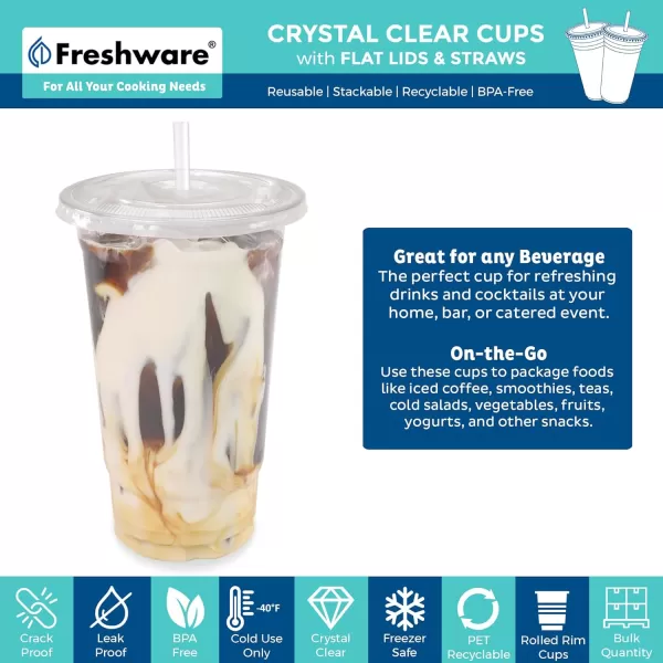 imageFreshware 12 oz Clear Disposable Plastic Cups with Flat Lids and Straws 100 Pack Clear Plastic Cups Tumblers Heavyduty Party Glasses Disposable Cups for Thanksgiving Halloween Christmas Party24 oz 100PK