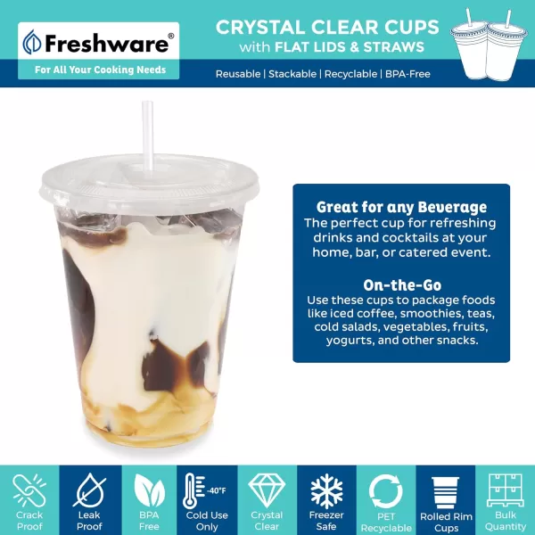 imageFreshware 12 oz Clear Disposable Plastic Cups with Flat Lids and Straws 100 Pack Clear Plastic Cups Tumblers Heavyduty Party Glasses Disposable Cups for Thanksgiving Halloween Christmas Party16 oz 100PK