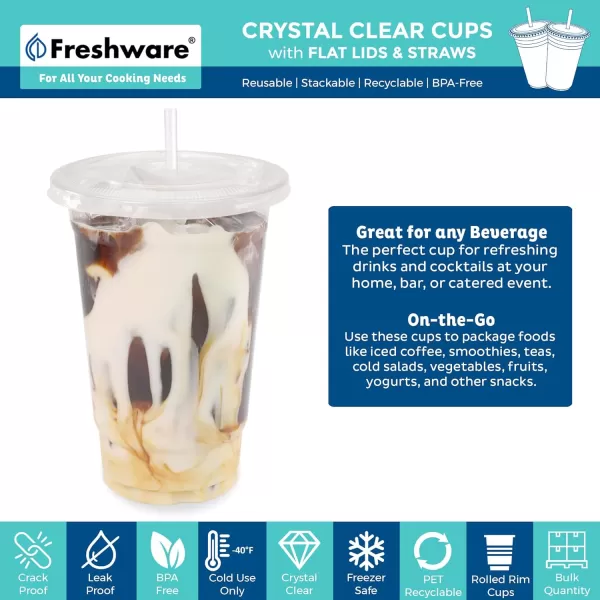 imageFreshware 12 oz Clear Disposable Plastic Cups with Flat Lids and Straws 100 Pack Clear Plastic Cups Tumblers Heavyduty Party Glasses Disposable Cups for Thanksgiving Halloween Christmas Party20 oz 100PK