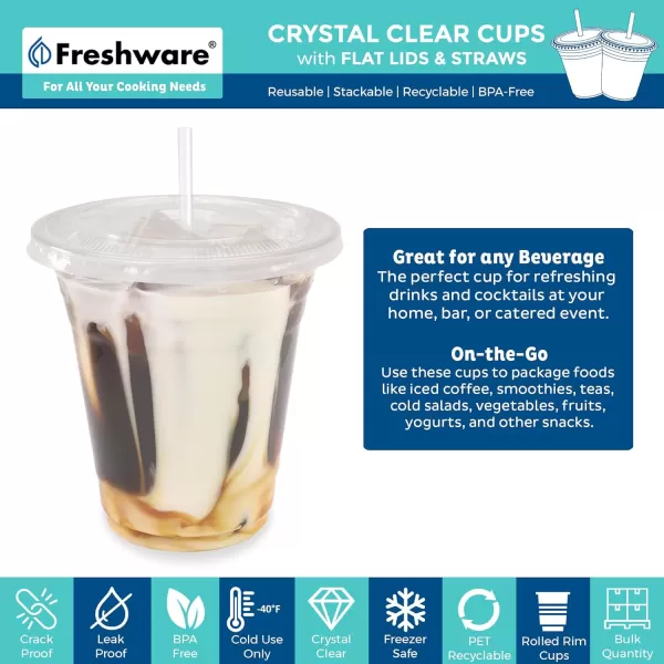 imageFreshware 12 oz Clear Disposable Plastic Cups with Flat Lids and Straws 100 Pack Clear Plastic Cups Tumblers Heavyduty Party Glasses Disposable Cups for Thanksgiving Halloween Christmas Party12 oz 100PK