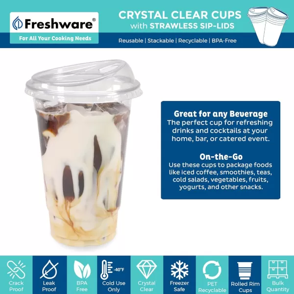 imageFreshware 16 oz Clear Disposable Plastic Cups with Strawless Sip Lids 100 Pack Clear Plastic Cups Tumblers Heavyduty Party Glasses Disposable Cups for Thanksgiving Halloween Christmas Party20 oz 100PK