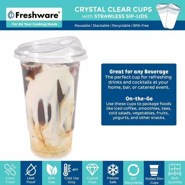 imageFreshware 16 oz Clear Disposable Plastic Cups with Strawless Sip Lids 100 Pack Clear Plastic Cups Tumblers Heavyduty Party Glasses Disposable Cups for Thanksgiving Halloween Christmas Party24 oz 100PK