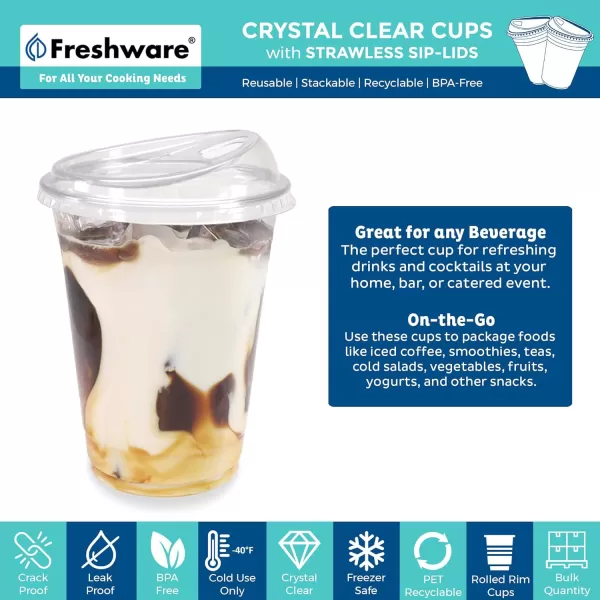 imageFreshware 16 oz Clear Disposable Plastic Cups with Strawless Sip Lids 100 Pack Clear Plastic Cups Tumblers Heavyduty Party Glasses Disposable Cups for Thanksgiving Halloween Christmas Party16 oz 100PK