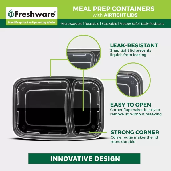 imageFreshware Meal Prep Containers 150 Pack 2 Compartment with Lids Food Storage Containers Bento Box BPA Free Stackable MicrowaveDishwasherFreezer Safe 28 oz