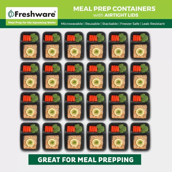 imageFreshware Meal Prep Containers 150 Pack 2 Compartment with Lids Food Storage Containers Bento Box BPA Free Stackable MicrowaveDishwasherFreezer Safe 28 oz