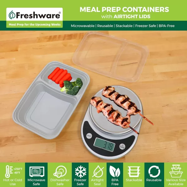 imageFreshware Meal Prep Containers 25 Pack 2 Compartment with Lids Food Storage Containers Bento Box BPA Free Stackable MicrowaveDishwasherFreezer Safe 28 oz Grey28OZ25PK