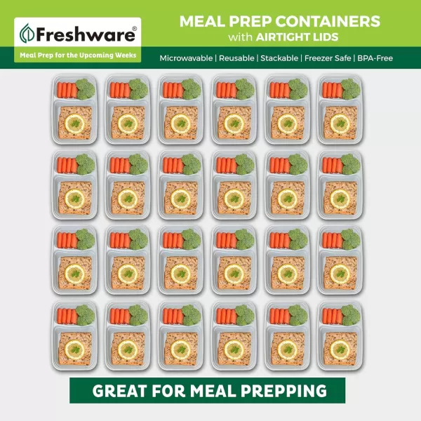 imageFreshware Meal Prep Containers 25 Pack 2 Compartment with Lids Food Storage Containers Bento Box BPA Free Stackable MicrowaveDishwasherFreezer Safe 28 oz Grey28OZ25PK