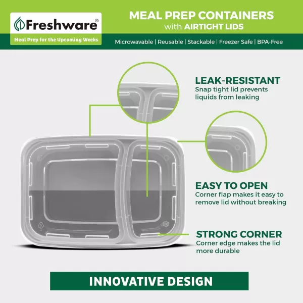 imageFreshware Meal Prep Containers 25 Pack 2 Compartment with Lids Food Storage Containers Bento Box BPA Free Stackable MicrowaveDishwasherFreezer Safe 28 oz Grey28OZ25PK