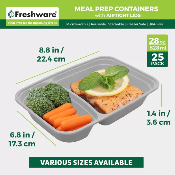 imageFreshware Meal Prep Containers 25 Pack 2 Compartment with Lids Food Storage Containers Bento Box BPA Free Stackable MicrowaveDishwasherFreezer Safe 28 oz Grey28OZ25PK
