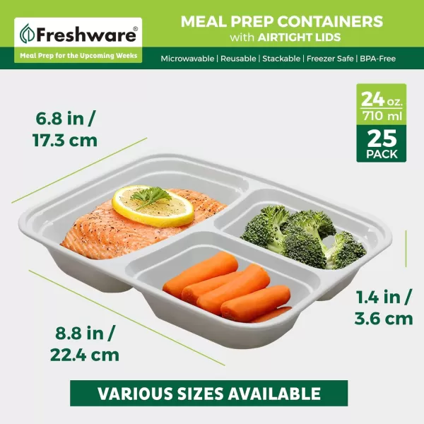 imageFreshware Meal Prep Containers 25 Pack 3 Compartment with Lids Food Storage Containers Bento Box BPA Free Stackable MicrowaveDishwasherFreezer Safe 24 oz