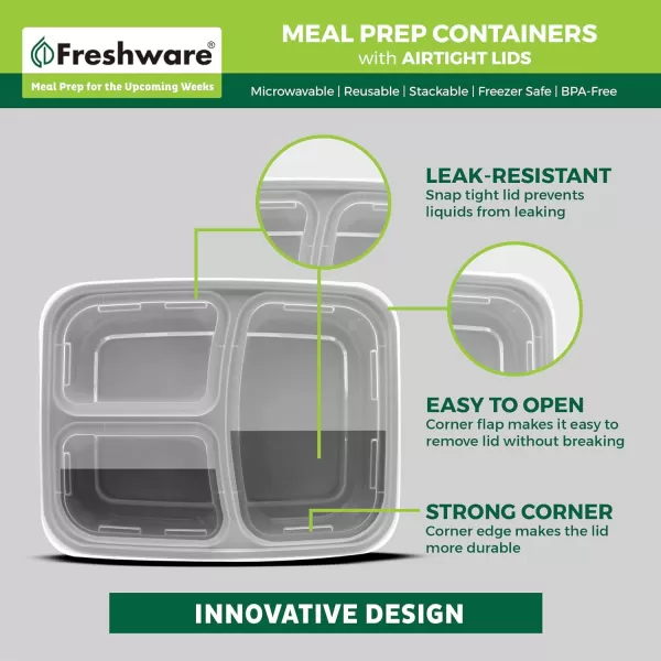 imageFreshware Meal Prep Containers 25 Pack 3 Compartment with Lids Food Storage Containers Bento Box BPA Free Stackable MicrowaveDishwasherFreezer Safe 24 oz