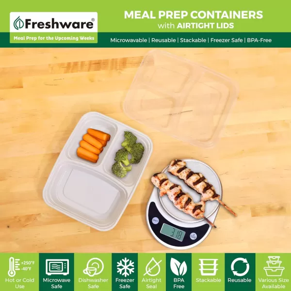 imageFreshware Meal Prep Containers 25 Pack 3 Compartment with Lids Food Storage Containers Bento Box BPA Free Stackable MicrowaveDishwasherFreezer Safe 24 oz