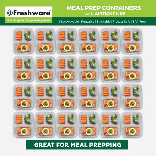 imageFreshware Meal Prep Containers 25 Pack 3 Compartment with Lids Food Storage Containers Bento Box BPA Free Stackable MicrowaveDishwasherFreezer Safe 24 oz