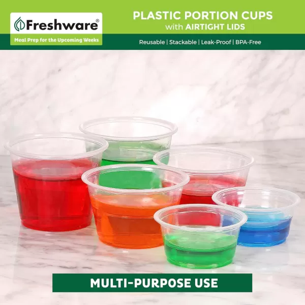 imageFreshware Plastic Portion Cups with Lids 2 Ounce 100 Sets Disposable Plastic Cups for Meal Prep Salad Dressing Jellos Shot Cups Souffle Cups Condiment and Dipping Sauce Cups Clear