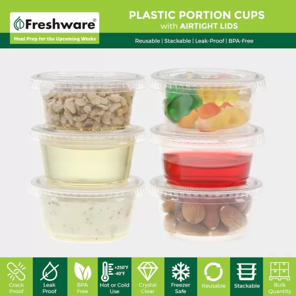 imageFreshware Plastic Portion Cups with Lids 2 Ounce 100 Sets Disposable Plastic Cups for Meal Prep Salad Dressing Jellos Shot Cups Souffle Cups Condiment and Dipping Sauce Cups Clear