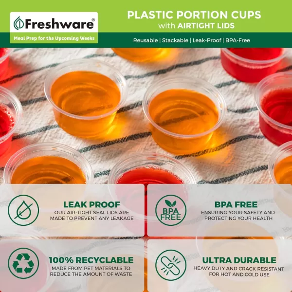 imageFreshware Plastic Portion Cups with Lids 2 Ounce 100 Sets Disposable Plastic Cups for Meal Prep Salad Dressing Jellos Shot Cups Souffle Cups Condiment and Dipping Sauce Cups Clear