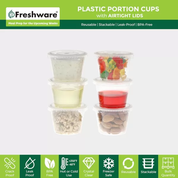 imageFreshware Plastic Portion Cups with Lids 2 Ounce 200 Sets Disposable Plastic Cups for Meal Prep Salad Dressing Jellos Shot Cups Souffle Cups Condiment and Dipping Sauce Cups1 oz  200 sets