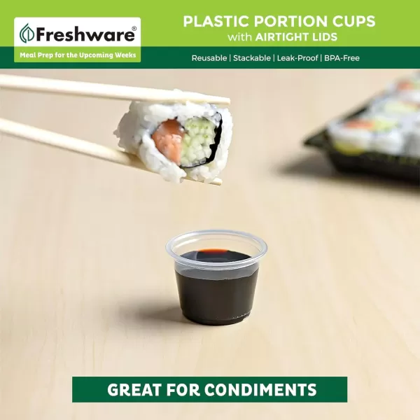 imageFreshware Plastic Portion Cups with Lids 2 Ounce 200 Sets Disposable Plastic Cups for Meal Prep Salad Dressing Jellos Shot Cups Souffle Cups Condiment and Dipping Sauce Cups1 oz  200 sets