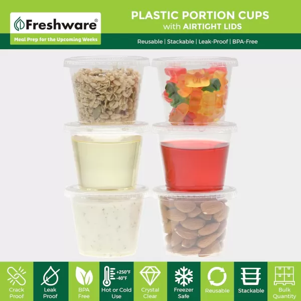 imageFreshware Plastic Portion Cups with Lids 2 Ounce 200 Sets Disposable Plastic Cups for Meal Prep Salad Dressing Jellos Shot Cups Souffle Cups Condiment and Dipping Sauce Cups55 oz  200 sets