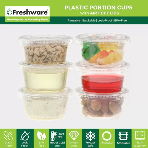 imageFreshware Plastic Portion Cups with Lids 325 Ounce 100 Sets Disposable Plastic Cups for Meal Prep Salad Dressing Jellos Shot Cups Souffle Cups Condiment and Dipping Sauce Cups325 oz  100 sets