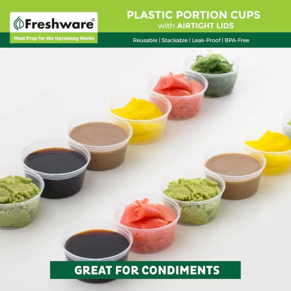 imageFreshware Plastic Portion Cups with Lids 325 Ounce 100 Sets Disposable Plastic Cups for Meal Prep Salad Dressing Jellos Shot Cups Souffle Cups Condiment and Dipping Sauce Cups325 oz  100 sets