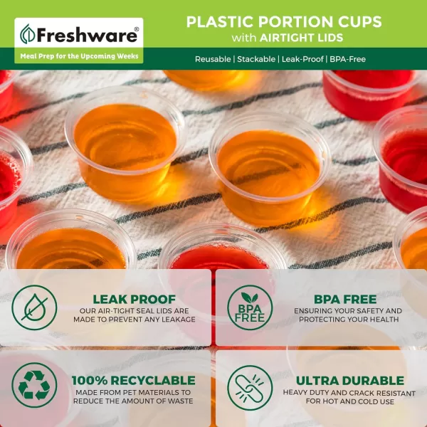 imageFreshware Plastic Portion Cups with Lids 325 Ounce 100 Sets Disposable Plastic Cups for Meal Prep Salad Dressing Jellos Shot Cups Souffle Cups Condiment and Dipping Sauce Cups325 oz  100 sets